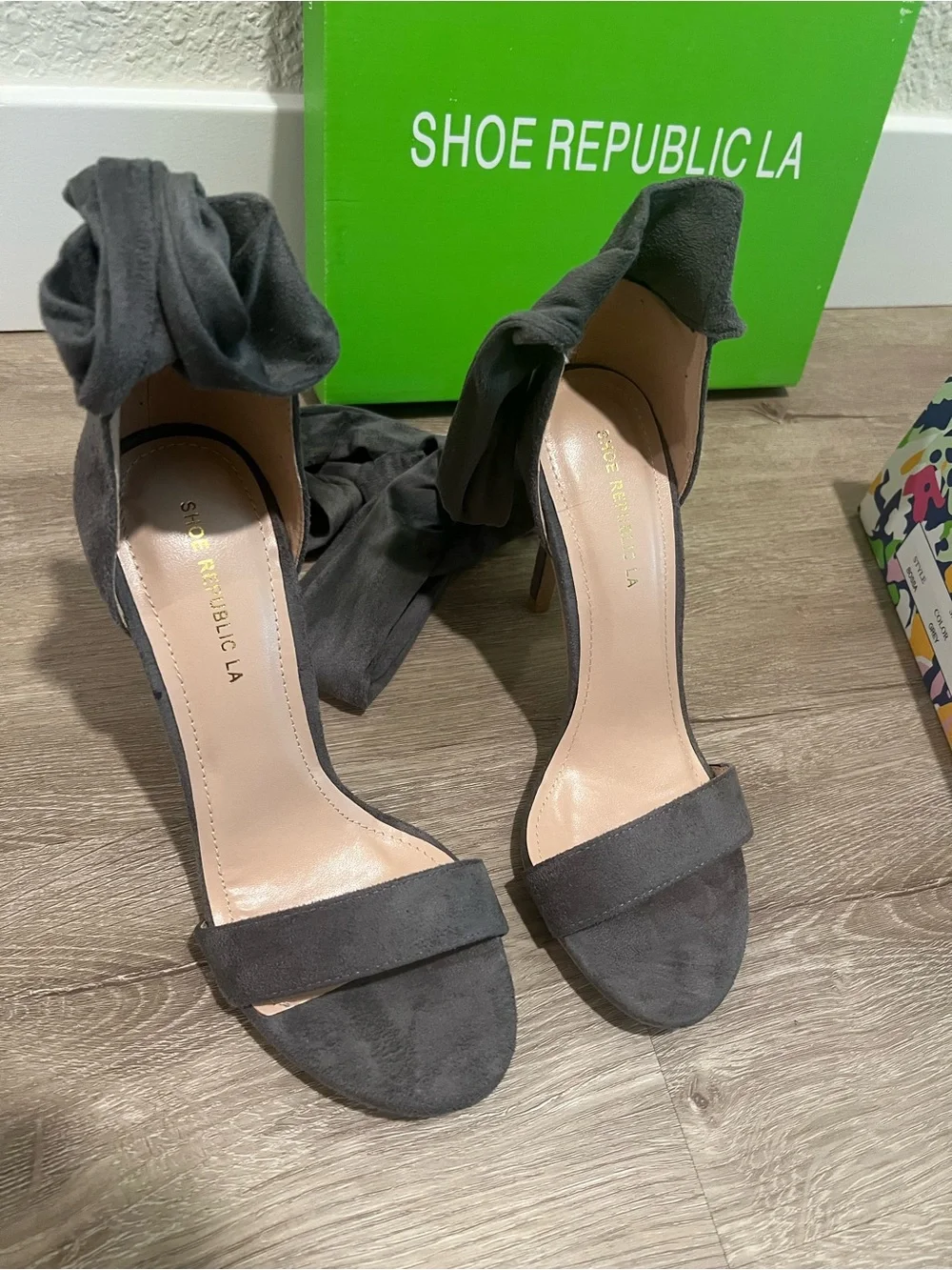 Shoe Republic LA Grey Suede Ankle Tie Stiletto Heels